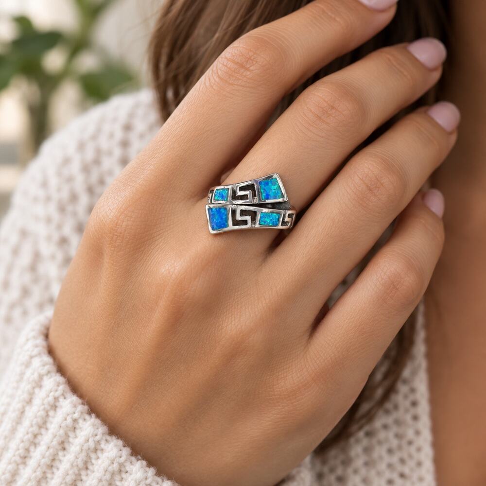 925 Silver Aztec Blue Fire Opal Size 6